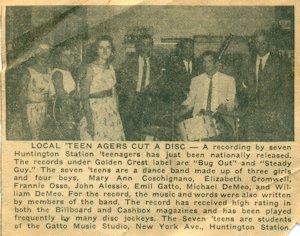 The Long-Islander newspaper clipping, 1958, courtesy John Alessio: L-r: Mary Ann Coschignano, Fran Osso, Elizabeth Cromwell, William DeMeo, Emil Gatto, Michael DeMeo, John Alessio